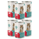 Sechs Dosen Fellicita Hundefutter mit einem Collie auf dem Etikett, mit der Aufschrift "Rind und Gemüse" für erwachsene Hunde.