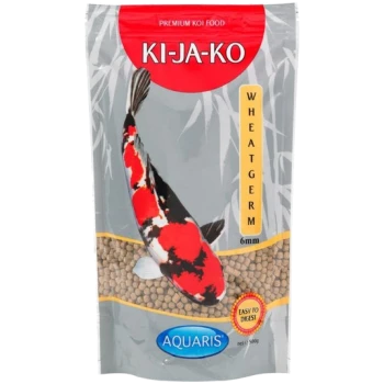 Premium-Koi-Futterverpackung mit einem bunten Koi-Fisch, beschriftet mit "KI-JA-KO WHEATGERM 6mm," mit "EASY TO DIGEST" hervorgehoben.