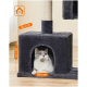 Eine grau-weiße Katze ruht sich in einem dunkelgrauen Katzenhaus aus, dessen Abmessungen beschriftet sind: 36 cm Breite, 28 cm Höhe und 36 cm Tiefe.
