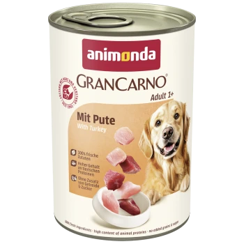 Dose Animonda GranCarno Adult 1+ Hundefutter mit Truthahn, zeigt einen glücklichen Golden Retriever und Fleischstücke.