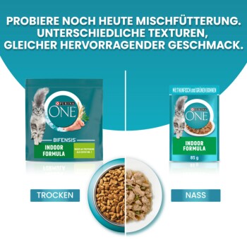 Bild von Purina ONE Katzenfutter: eine Tüte Trockenfutter, ein Beutel Nassfutter und eine Schüssel mit Trockenfutter. Text: "Probieren Sie heute gemischte Fütterung!"