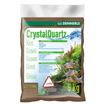 5 kg Sack CrystalQuartz Aquarienkies, beschriftet mit "härtefrei," "neutral," und "CO2-beständig," mit Bildern von Fischen und Pflanzen.