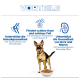 Deutscher Schäferhund steht neben einer Futterschüssel unter blauem Header 'VORTEILE' mit deutschen Bezeichnungen für Gelenke, Haut/Fell, Herz- und Nierengesundheit.