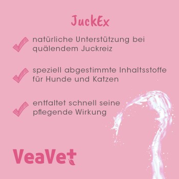 JuckEx Produktwerbung für Haustiere, mit Text über natürliche Unterstützung gegen Juckreiz, maßgeschneiderte Zutaten für Hunde und Katzen sowie schnell wirkende Pflege.