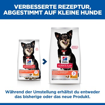 Hill's Science Plan Perfect Digestion Hundefutterbeutel für kleine Hunde, altes und neues Verpackungsdesign nebeneinander gezeigt.
