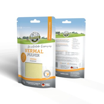 Packung mit Bellfor Vermal-Pulver für Hunde, mit grünem Pulver in einem wiederverschließbaren Beutel, der Nährwertangaben und Anwendungshinweise enthält.