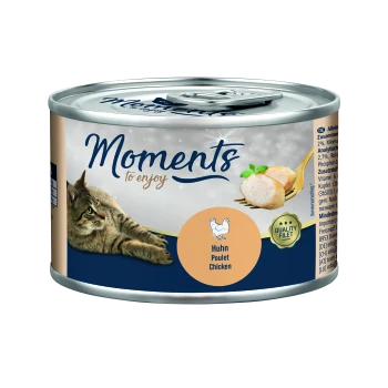 Katze Futterdose mit einem Klappdeckel, mit einer sich ausruhenden getigerten Katze, dem Text "Moments to enjoy" und "Huhn Poulet Chicken" auf dem Etikett.