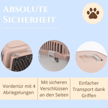 Detailaufnahmen eines beigen Tierträgers: Tür, seitliche Verschlüsse, Griff; zeigt 'ABSOLUTE SICHERHEIT' und deutsche Beschriftungen.