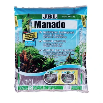Manado 10 l Torba z naturalnym podłożem JBL Manado do akwariów, 10L, z tekstem w języku niemieckim, angielskim i francuskim o aktywacji flory gruntowej i pielęgnacji roślin.