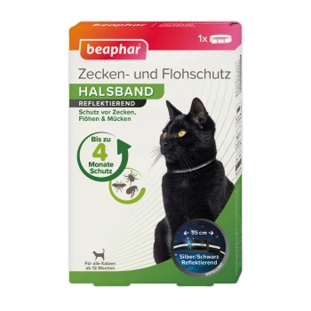 Chat noir avec un collier réfléchissant sur une boîte "beaphar Zecken- und Flohschutz Halsband", protégeant contre les tiques et les puces pendant 4 mois.