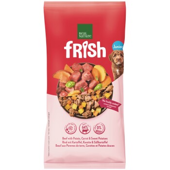 Roter Frish Hundefutterbeutel mit Schüssel aus Rind, Kartoffeln und Karotten; Text ‚Rind mit Kartoffel, Karotte & Süßkartoffeln‘