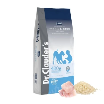 Dr. Clauder's High Premium Fisch & Reis Hundefutterbeutel in Blau und Grau, mit einer Silhouette von Hund und Kind sowie Zutatenvisualisierungen.