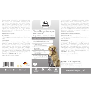 Fortan Glanz-Pflege-Shampoo für Hunde und Katzen, mit einem Golden Retriever und einer Katze. 500 ml. Sanfte Reinigung und glänzende Fellvorteile.