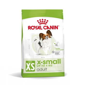 Royal Canin X-Small hondenvoer zak voor volwassen honden tot 4 kg, met een hondenillustratie en bevordering van de immuungezondheid.