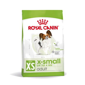Royal Canin X-Small Hundefutterbeutel für erwachsene Hunde bis 4 kg, mit einer Hundegrafik und Förderung der Immunität.