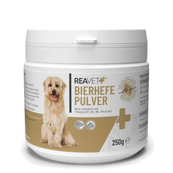Behälter von REAVET Bierhefe Pulver, ein natürliches Hefepulver für Haustiere, angereichert mit den Vitaminen B1, B2, B6, B9 und B12.