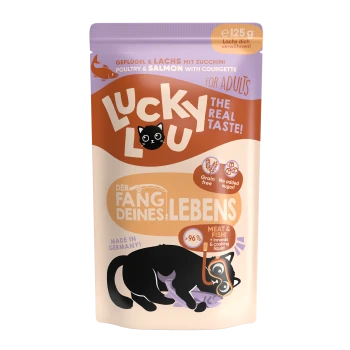 Eine Tüte Lucky Lou Erwachsenen Katzenfutter mit Geflügel, Lachs und Zucchini. Highlights: "Getreidefrei," "Kein Zuckerzusatz," "96% Fleisch & Fisch."