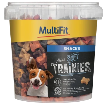 Container of MultiFit Mini Soft Trainies dog snacks with colorful bone-shaped treats. Text reads "Soft & Juicy" and "For Training & Reward."