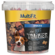 Behälter mit MultiFit Mini Soft Trainies Hundesnacks mit bunten, knochenförmigen Leckereien. Text: "Weich & Saftig" und "Für Training & Belohnung."
