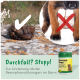 Bild zeigt gesunden Hundekot mit einem Häkchen und Durchfall, markiert mit einem roten Kreuz. Text: "Durchfall? Stopp!" und "Zur Linderung."