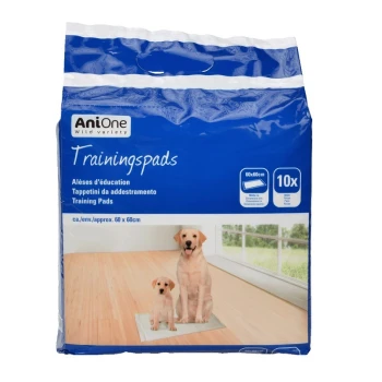 Trainingspads 60x60cm 10 Stück Packung AniOne Training Pads für Hunde, mit einem blauen Design und Bildern eines Welpen und eines erwachsenen Hundes auf einem Pad, enthält 10 Pads, jeweils 60x60 cm.