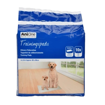 Pakiet AniOne Training Pads dla psów, z niebieskim wzorem z obrazkami szczeniaka i dorosłego psa na podkładzie, zawiera 10 podkładów, każdy 60x60 cm.