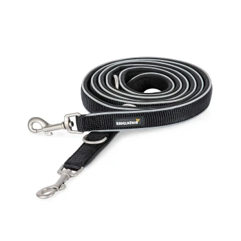 Schwarze Hundeleine, aufgerollt mit reflektierenden Kanten, mit einem Metallclip und einem Etikett, das "Rudelkönig" liest.