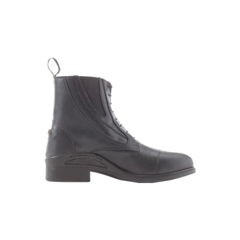 Schwarze Reitstiefel aus Leder mit glatter Oberfläche, Schnürung vorne und robustem Absatz, seitlich dargestellt.