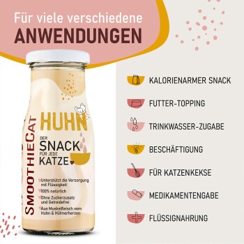 Flasche SmoothieCat Hähnchensnack für Katzen mit Anwendungstipps auf Deutsch, einschließlich kalorienarmer Snack und Medikamentenhilfe.