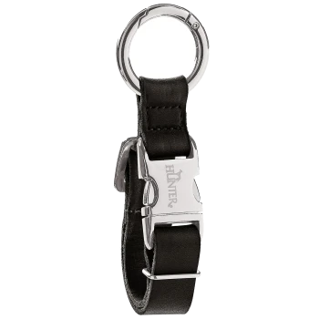 Schwarzer Leder-Schlüsselanhänger für Haustiere mit silberner Metallschnalle und Ring, 'HUNTER' auf der Schnalle eingraviert.