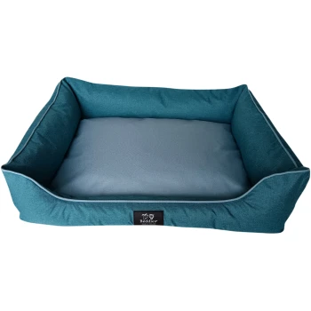 Teal pet bed with a soft gray cushion, featuring a logo tag that reads "Beddies® Made in Ireland."