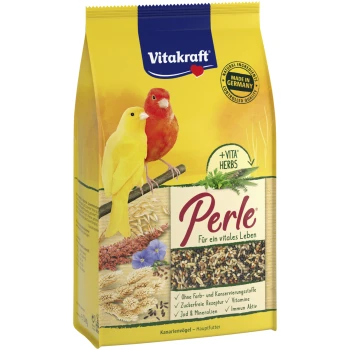 Vitakraft Perle canary bird food with yellow and red canaries, natural ingredients, made in Germany, plus Vita herbs.