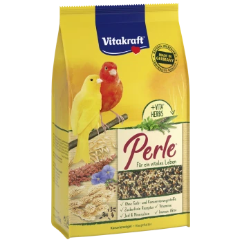 Vitakraft Perle canary bird food with yellow and red canaries, natural ingredients, made in Germany, plus Vita herbs.