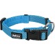 Blue pet collar with a woven design, featuring a black buckle and metal D-ring for leash attachment.