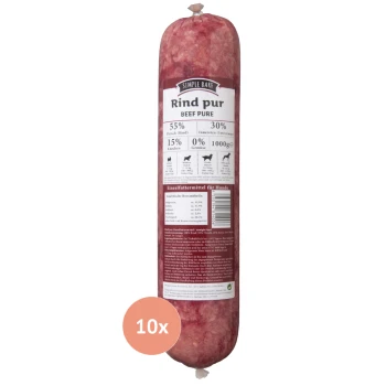 Rinder-Pure-Hundfutterrolle mit der Aufschrift "Simple Bark", mit 55% Fleisch, 30% Innereien und 15% gekochten Zutaten, mit einem Gewicht von 1000g.