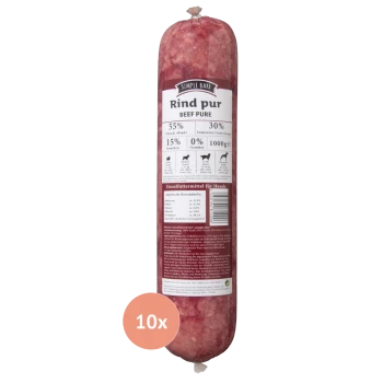 Rinder-Pure-Hundfutterrolle mit der Aufschrift "Simple Bark", mit 55% Fleisch, 30% Innereien und 15% gekochten Zutaten, mit einem Gewicht von 1000g.