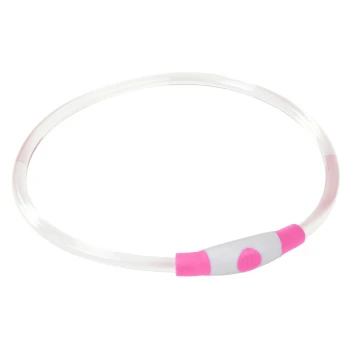 Ein leuchtendes Haustierhalsband in runder Form, mit einem pinken und weißen Einschaltknopf, entworfen für Sichtbarkeit bei Nacht.