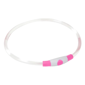 Un collier lumineux pour animaux de compagnie en forme circulaire, avec un bouton d'alimentation rose et blanc, conçu pour la visibilité nocturne.