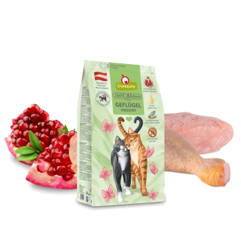 GranataPet DeliCATessen Geflügel-Hundefutterbeutel mit einer schwarzen Katze und einer orangefarbenen Katze, mit Granatapfel- und Geflügelstücken im Hintergrund.