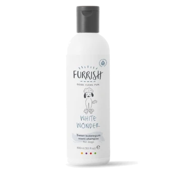 White 300ml Furrish "White Wonder" dog shampoo bottle with grey cap, poodle sketch and text "Good. Clean. Fun." and "Sweet bubblegum scent"
