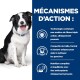 Un Border Collie heureux est assis à côté d'un texte sur la technologie des fibres d'une nourriture pour animaux, des croquettes pour la santé dentaire et une nutrition équilibrée avec des antioxydants.