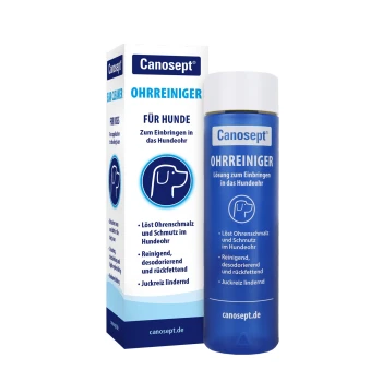 Canosept Ohrreiniger für Hunde – blaue Flasche und Schachtel mit der Aufschrift 'OHRREINIGER FÜR HUNDE' und deutschen Produktangaben.