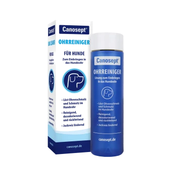 Canosept Ohrreiniger für Hunde – blaue Flasche und Schachtel mit der Aufschrift 'OHRREINIGER FÜR HUNDE' und deutschen Produktangaben.