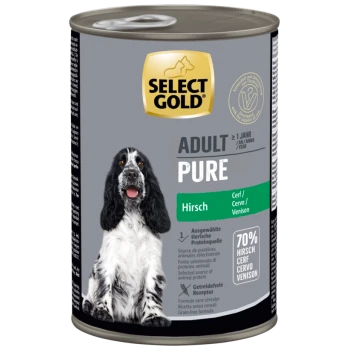 Dose Select Gold Adult Pure Hundefutter mit Wildgeschmack, 70 % Wild, getreidefreie Rezeptur und schwarz-weißem Hundeabbild.