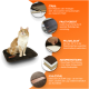 Eine flauschige orangefarbene Katze sitzt auf einem braunen Hundebett mit deutschem Text: "Stabil," "Passt perfekt," "Pflegeleicht," "Zusammensetzung," "Schlitz Ohr."