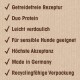 Checkliste der Hundefuttermerkmale: getreidefrei, Duo-Protein, leicht verdaulich, empfindliche hundefreundlich, hohe Akzeptanz, hergestellt in Deutschland, recycelbar.