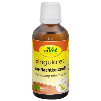 Flasche cdVet Bio-Nachtkerzenöl, beschriftet mit "100% NATUR" und "Bio-Nachtkerzenöl", das natürliche Haustiergesundheit fördert.