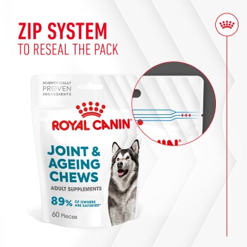 Royal Canin Joint & Ageing Chews for dogs, 60 pieces, featuring a zip system for resealing. 89% of owners are satisfied.
