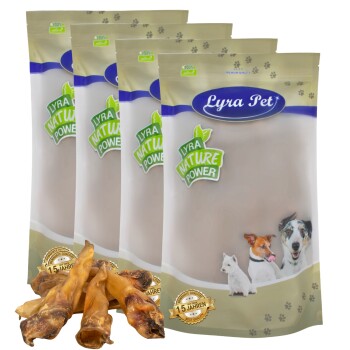 Vier Tüten Lyra Pet Nature Power Haustierleckerlis, mit einigen Leckerlis, die vorne angezeigt werden, mit Bildern eines Hundes, einer Katze und eines kleinen Hundes.