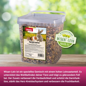 Ein klarer 3,5 kg Behälter mit PANTO Nagerfutter, beschriftet mit einem Kaninchen, Meerschweinchen und Hamster, fördert Gesundheit und glänzendes Fell.